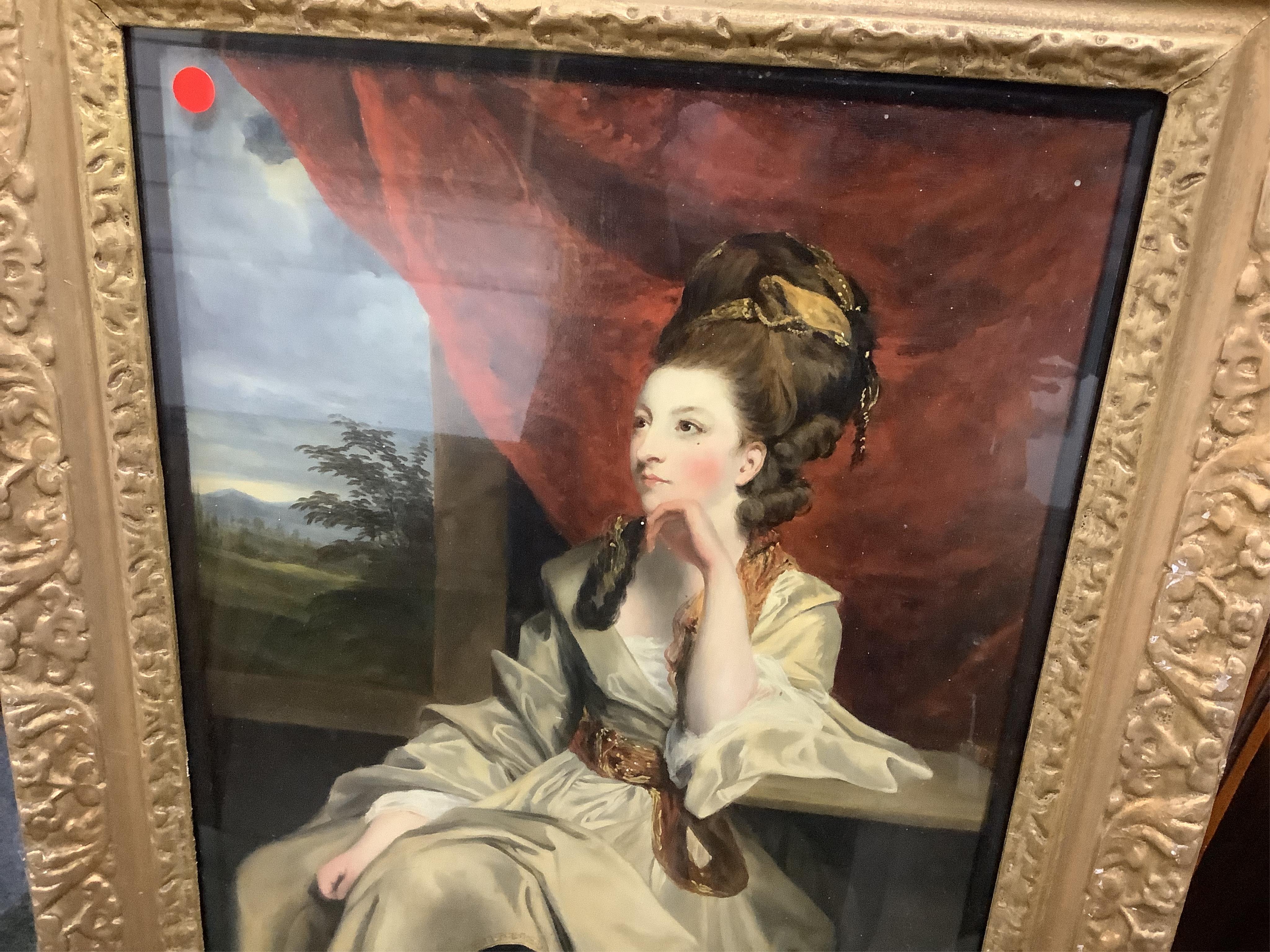 Late 18th / early 19th century, English School, oil, Portrait of a seated woman before a landscape, unsigned, 38 x 28cm. Condition - fair to good